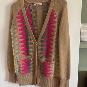 Juicy Couture Beige Cardigan with Pink, Gray and Yellow Geometric Pattern